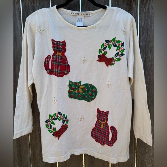Victoria Jones Christmas Long-Sleeve Shirt Women’s Size Medium Vintage Cats Cat - Picture 1 of 7